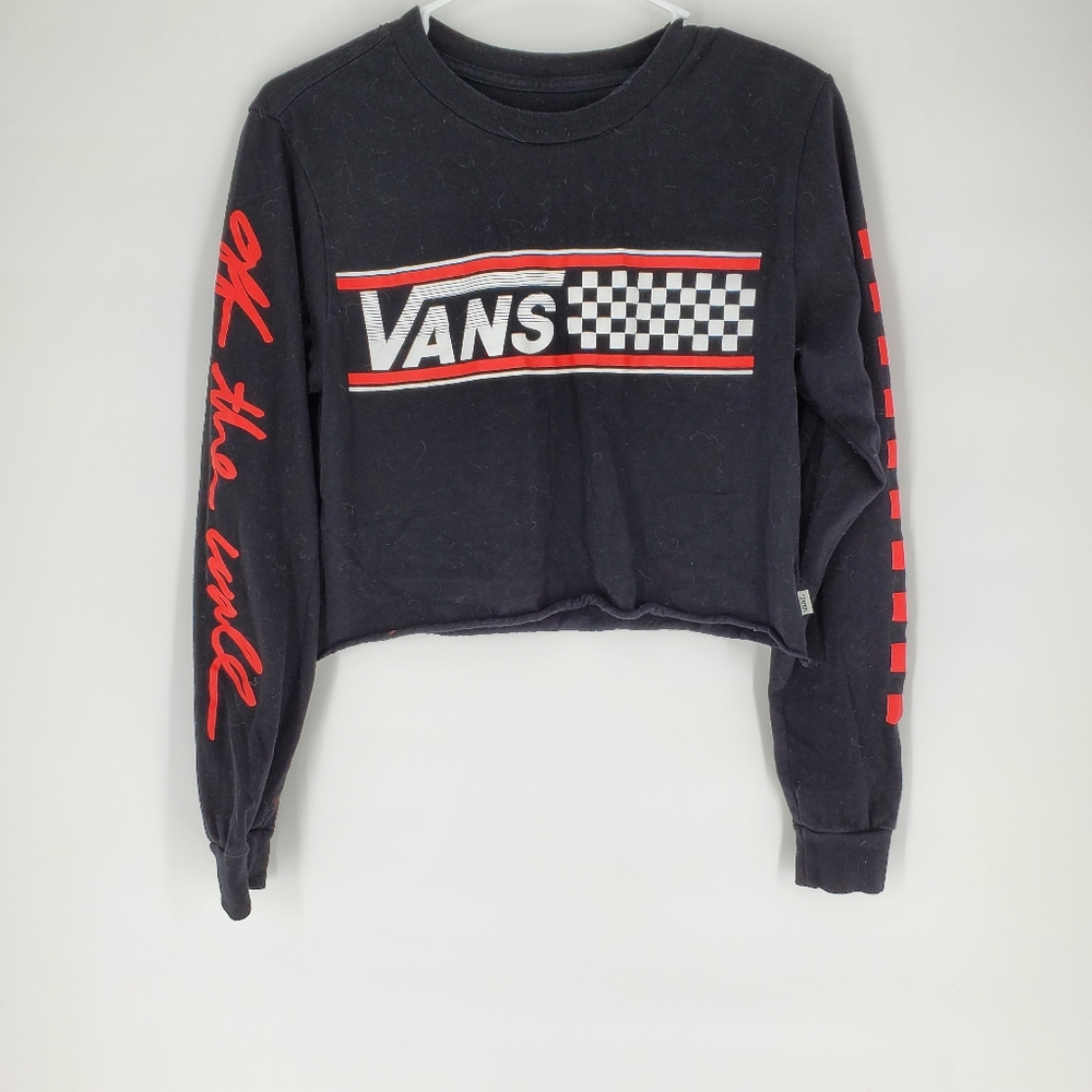 Vans Black Cropped Long-Sleeve Logo Top with Red and White Accents